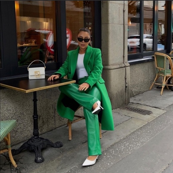 ZARA COLOURED FAUX LEATHER TROUSERS GREEN SIZE-XL - Picture 3 of 16